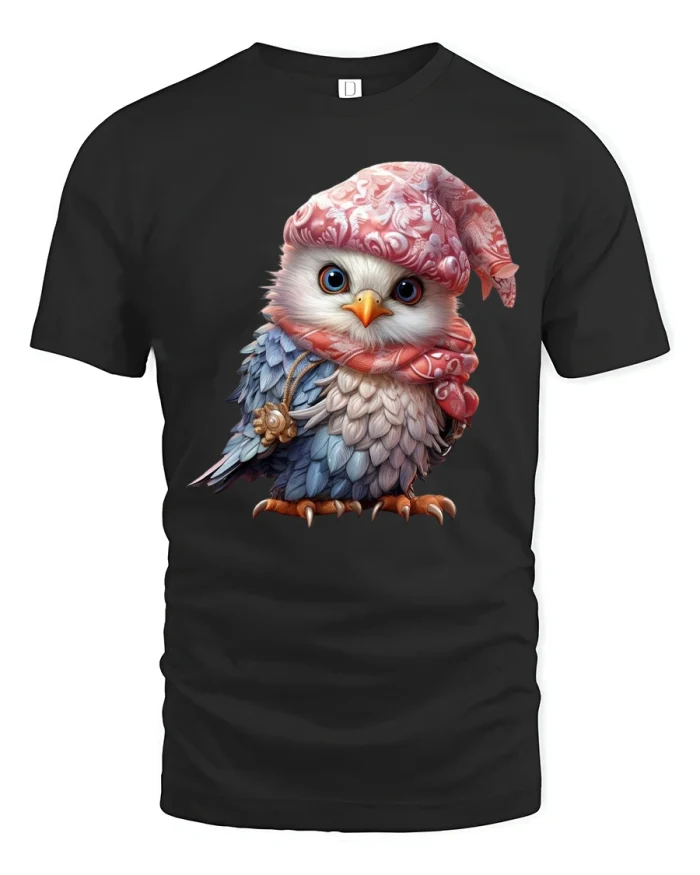 Cute Cozy Owl Winter Scarf Cartoon Art Graphic Tshirt Tee - black t-shirt on white background