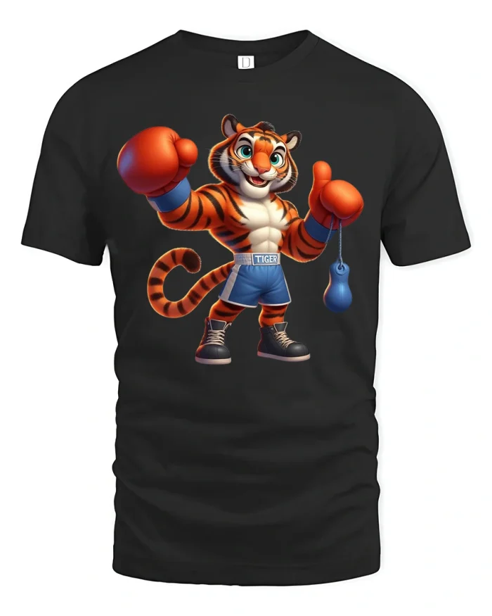 Funny Boxing Tiger Champion Cartoon Art Graphic Tshirt Tee - black t-shirt on white background