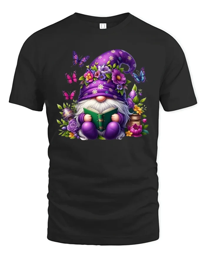 Magical Reading Gnome Floral Fantasy Cartoon Art Graphic Tshirt - black t-shirt on white background