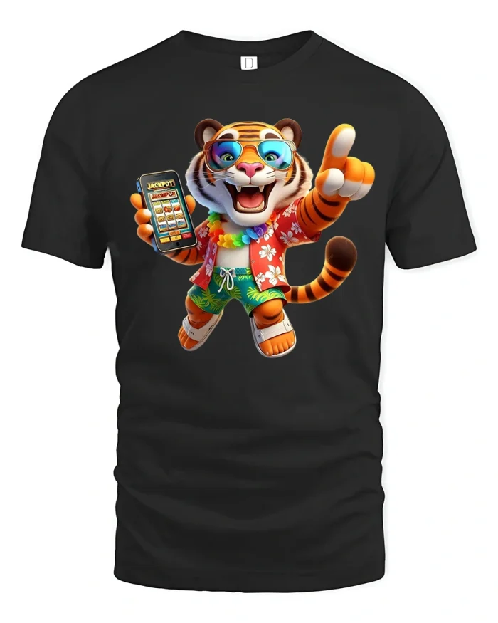 Cool Tropical Tiger Cartoon Vacation Party Graphic Tshirt - black t-shirt on white background