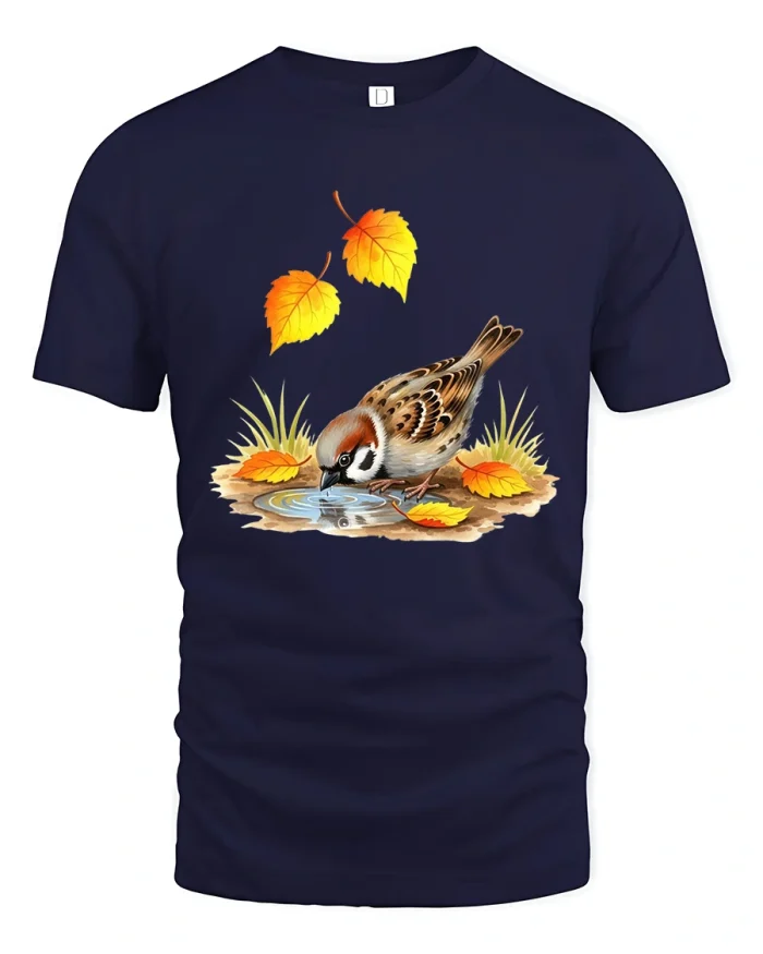 Peaceful Autumn Sparrow Bird Nature Illustration Graphic Tee - navy t-shirt on white background