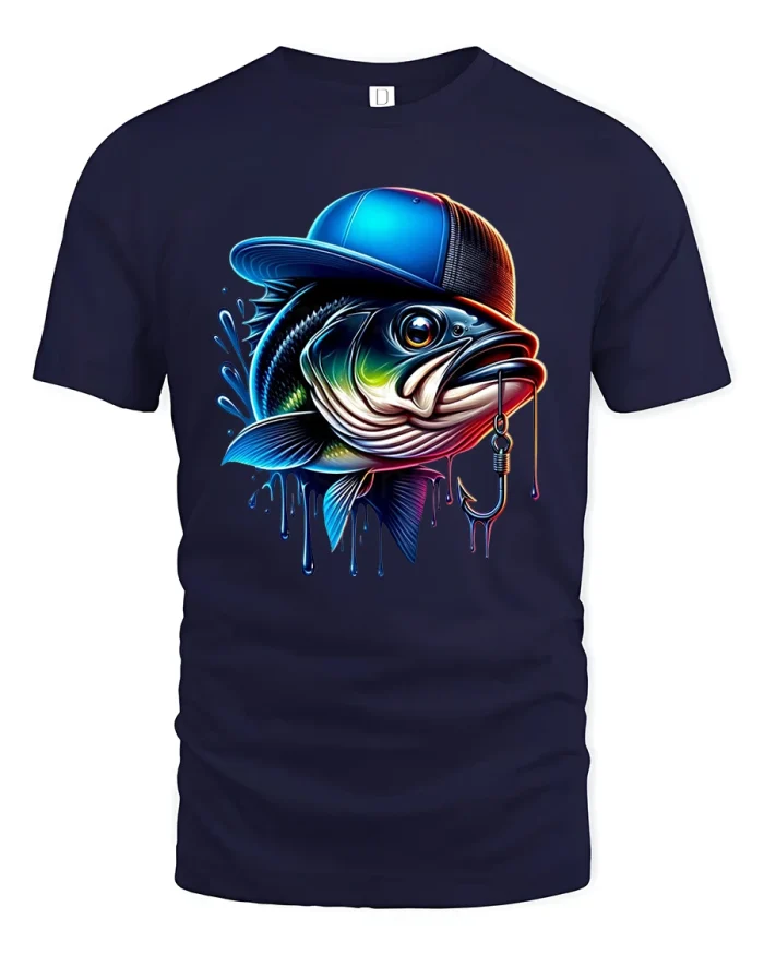 Cool Fishing Bass With Hat Urban Angler Art Graphic Tee - navy t-shirt on white background