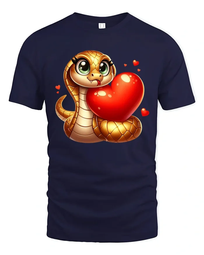 Cute Snake Hugging Heart Sweet Love Cartoon Art Graphic Tee - navy t-shirt on white background