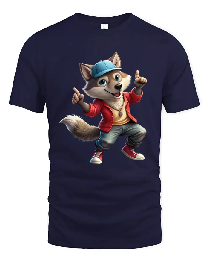 Cute Dancing Wolf Cartoon Street Style Fun Graphic Tee - navy t-shirt on white background