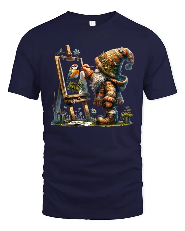 Whimsical Gnome Painter Bird Art Fantasy Illustration Tee - navy t-shirt on white background