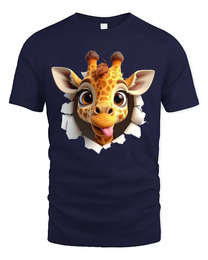 Cute Giraffe Popping Through Wall Funny Cartoon Graphic Tee - navy t-shirt on white background
