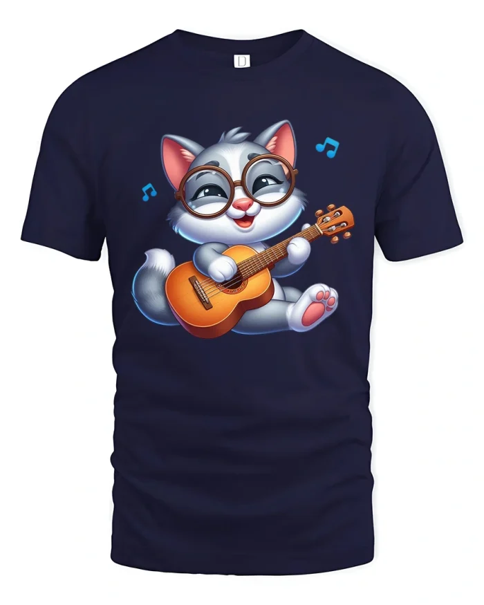 Cute Cat Playing Guitar Cartoon Music Lover Graphic Tee - navy t-shirt on white background