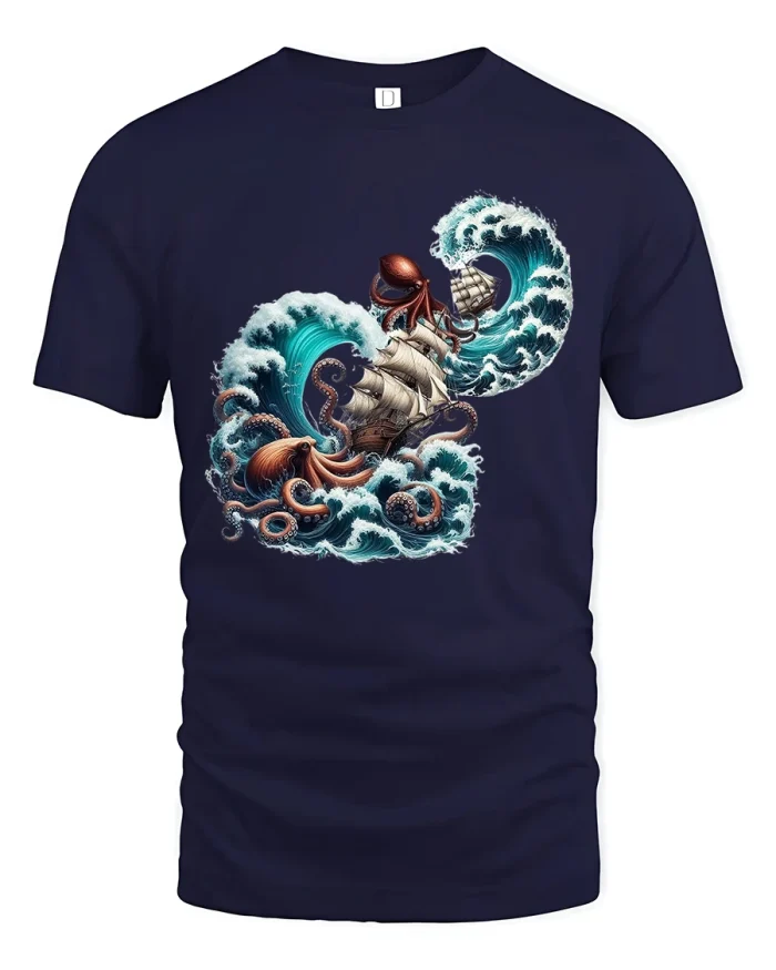 Epic Kraken Octopus Pirate Ship Ocean Battle Graphic Tee - navy t-shirt on white background