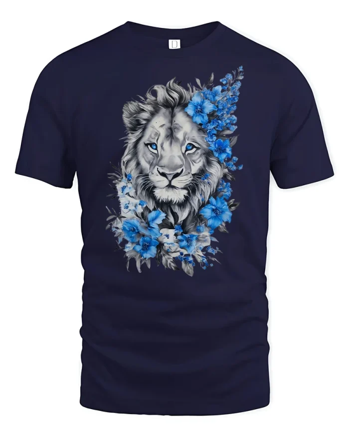Majestic Blue Flower Lion Artistic Fantasy Illustration Tee - navy t-shirt on white background