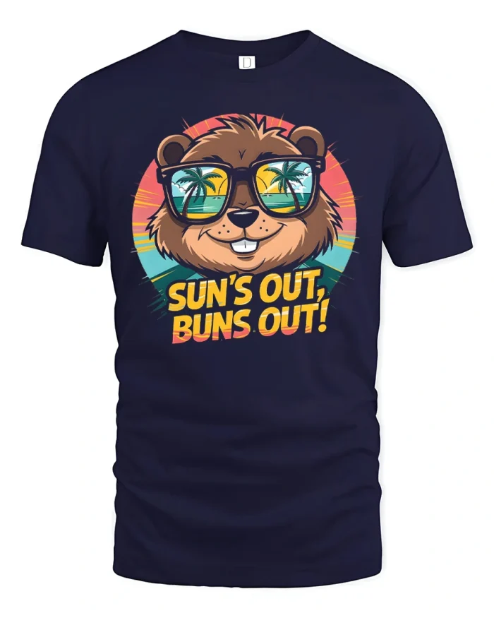 Funny Sun’s Out Buns Out Bear Summer Vacation Graphic Tee - navy t-shirt on white background