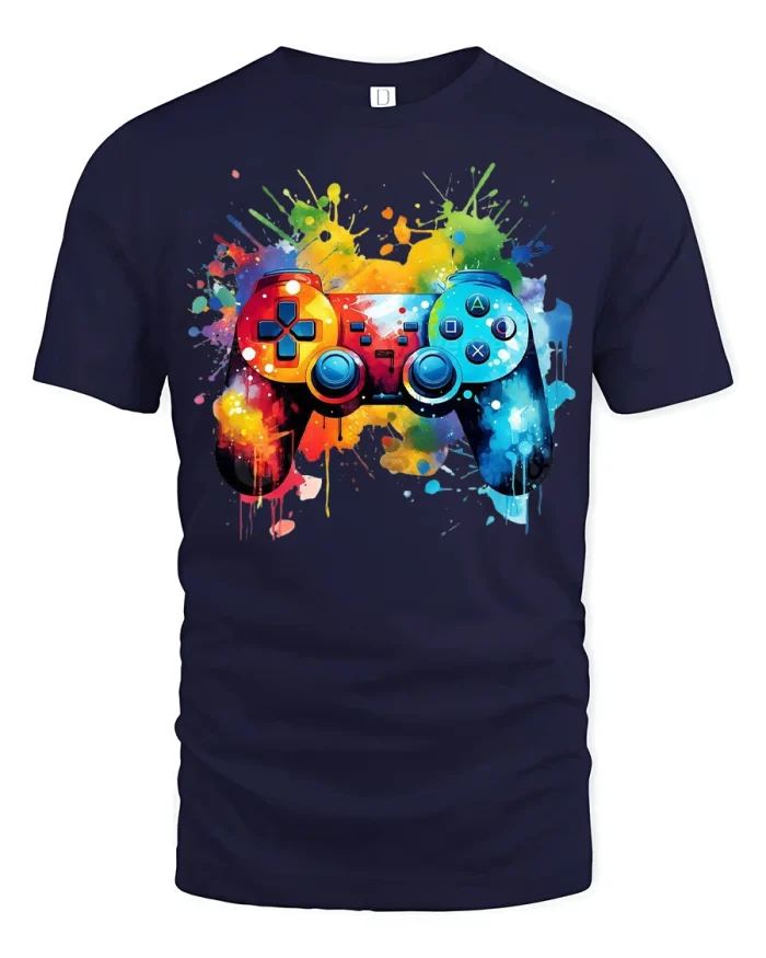 Colorful Gaming Controller Splash Art Creative Graphic Tee - navy t-shirt on white background