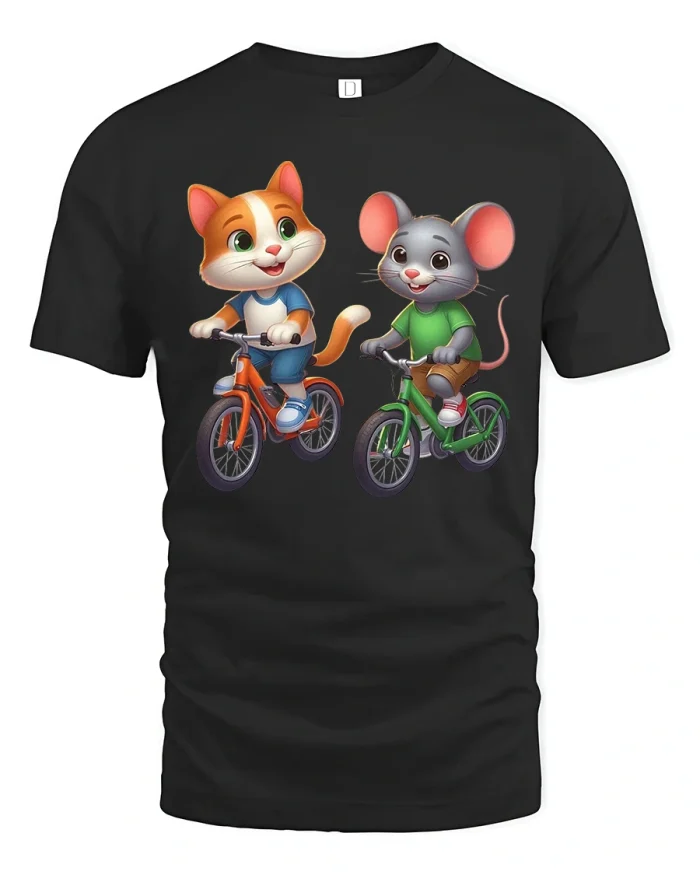 Cute Cat and Mouse Bicycle Adventure T Shirt Fun Cartoon Art - black t-shirt on white background