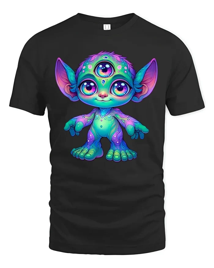 Cute Colorful Alien Creature Cartoon T Shirt Magical Fantasy Art - black t-shirt on white background