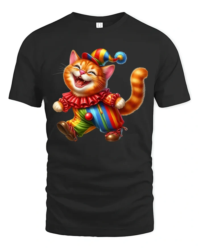 Funny Clown Cat Laughing Cartoon T Shirt Colorful Happy Art - black t-shirt on white background