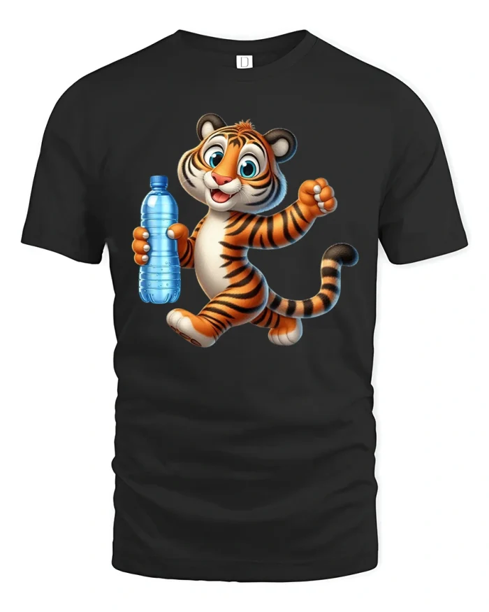 Cute Happy Tiger Holding Water Bottle Cartoon T Shirt Fun Style - black t-shirt on white background