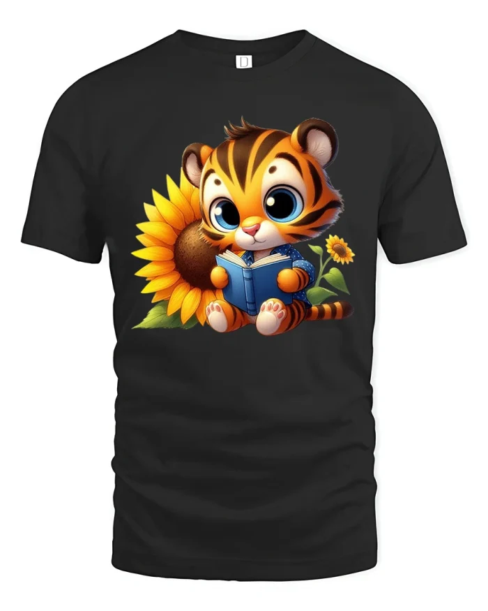 Cute Tiger Reading Book With Sunflower Cartoon T Shirt Cozy Art - black t-shirt on white background