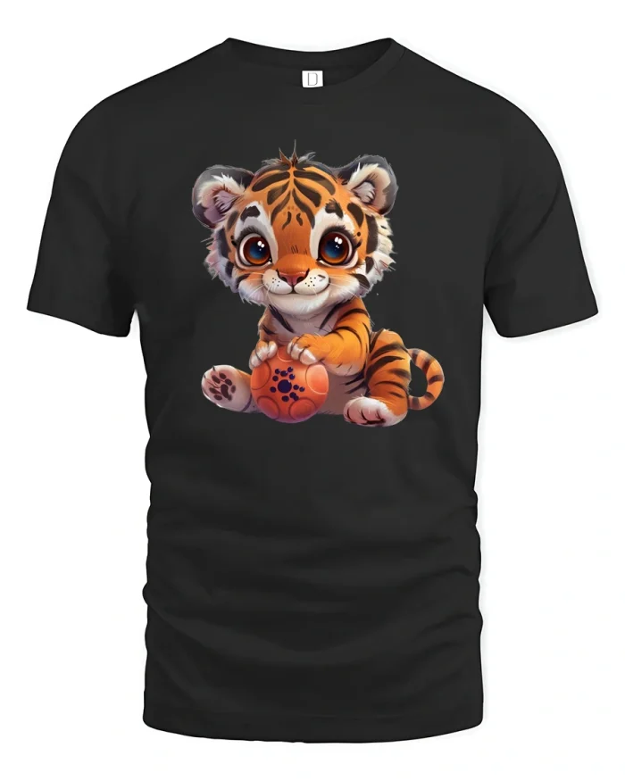 Cute Baby Tiger Holding Ball Cartoon T Shirt Adorable Fun Art - black t-shirt on white background