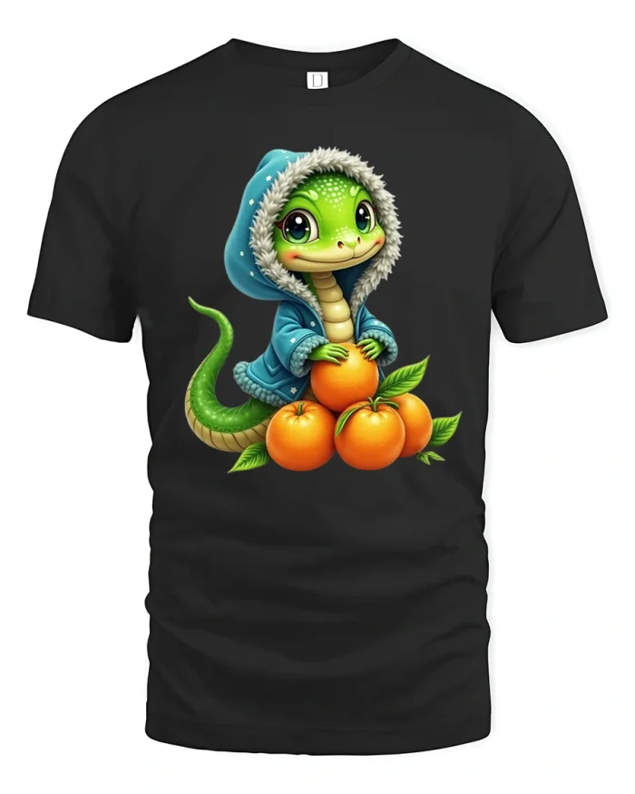 Cute Baby Lizard Holding Oranges Cartoon Tshirt Cozy Art - black t-shirt on white background