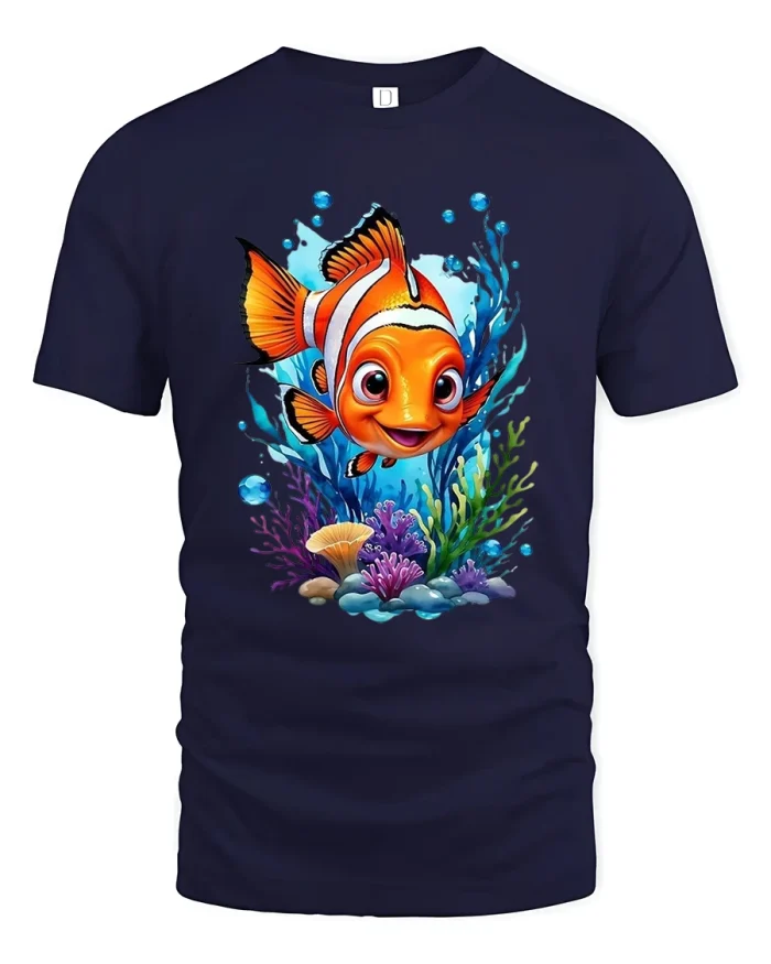 Cute Smiling Clownfish Underwater Cartoon T Shirt Ocean Art - navy t-shirt on white background