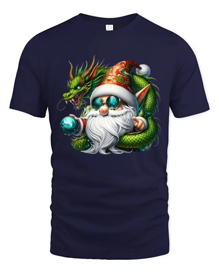 Magical Santa Gnome With Dragon Fantasy Cartoon T Shirt Art - navy t-shirt on white background