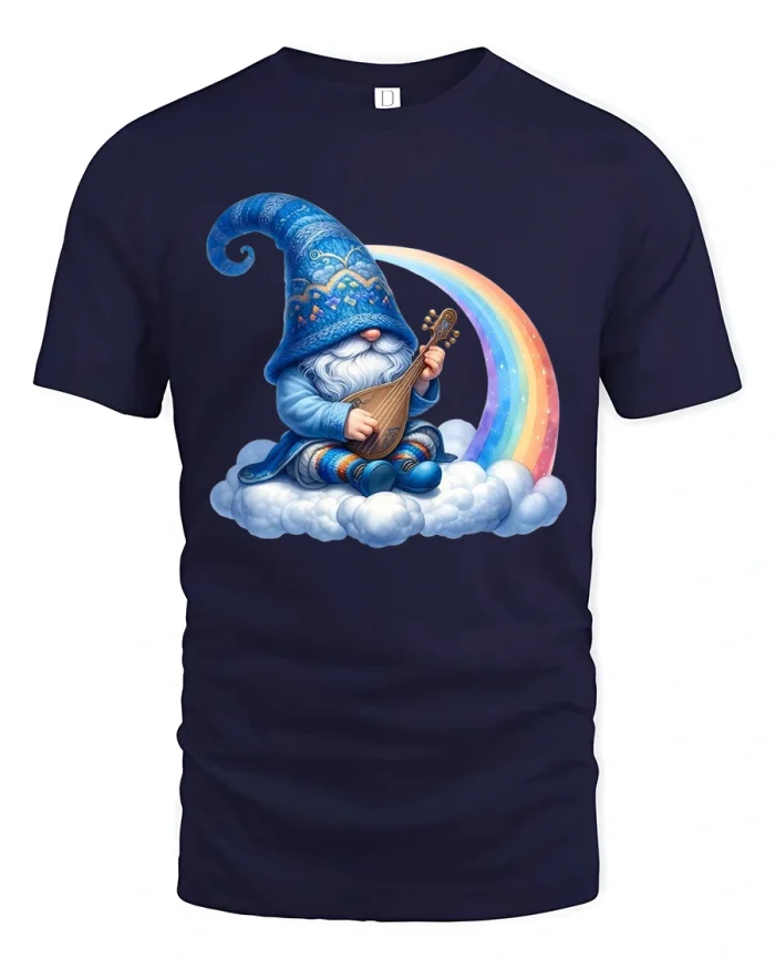 Magical Gnome Playing Music On Cloud Rainbow Cartoon T Shirt Art - navy t-shirt on white background