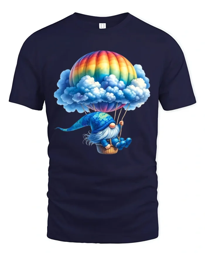 Magical Gnome Flying Rainbow Hot Air Balloon Cartoon T Shirt - navy t-shirt on white background