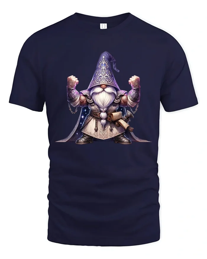 Powerful Wizard Gnome Raising Fists Fantasy Cartoon T Shirt Art - navy t-shirt on white background