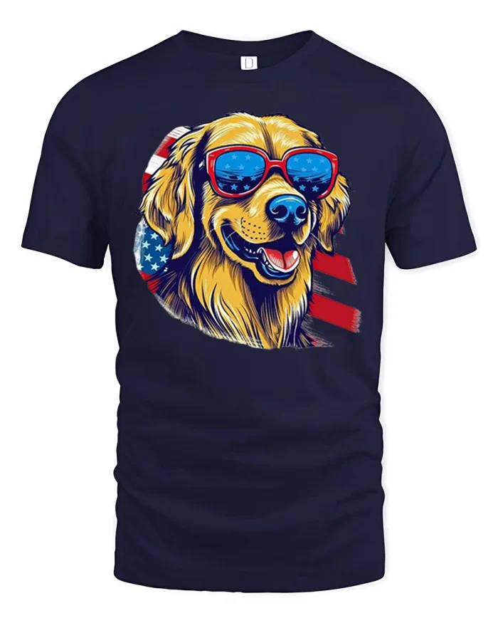 Patriotic Golden Retriever Sunglasses Cartoon T Shirt USA Style - navy t-shirt on white background