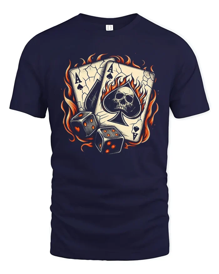Flaming Skull Ace Cards And Dice Cartoon T Shirt Bold Style - navy t-shirt on white background