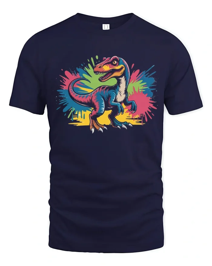 Colorful Cartoon Dinosaur Splash Art T Shirt Fun Creative Style - navy t-shirt on white background