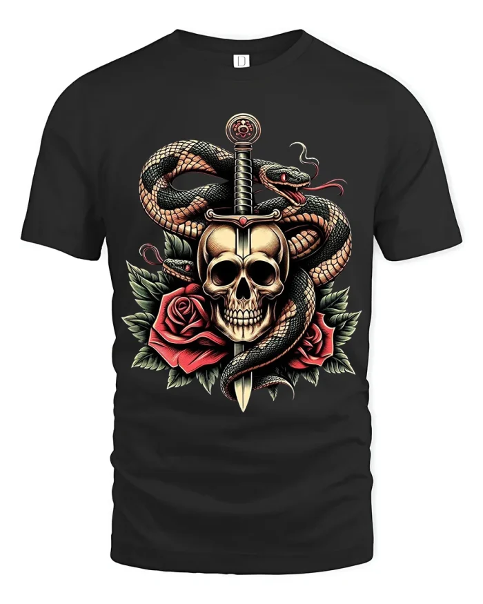 Skull Dagger Snake And Rose Tattoo Style T Shirt Dark Art - black t-shirt on white background