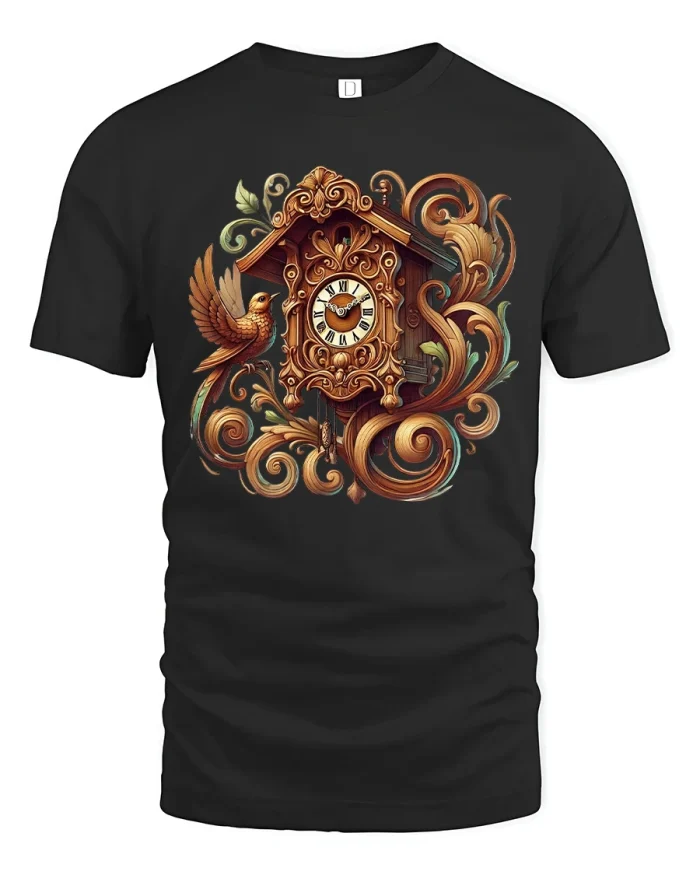Vintage Ornate Cuckoo Clock Art Tee With Bird And Floral Swirls - black t-shirt on white background