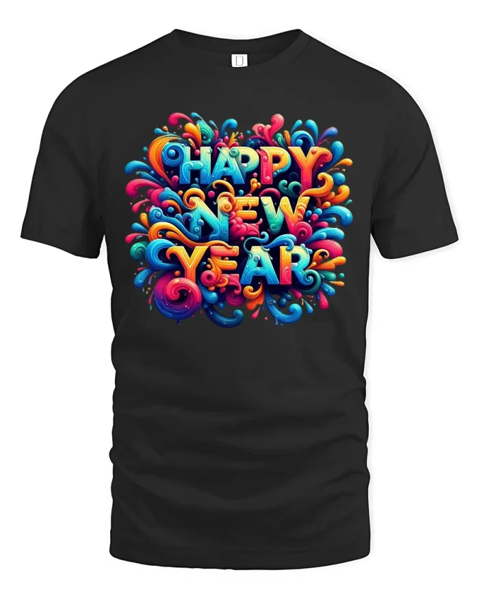 Happy New Year Colorful Typography Art T Shirt Festive Vibes - black t-shirt on white background