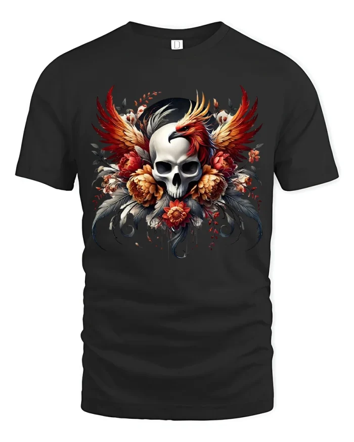 Skull And Phoenix Fire Wings Art T Shirt Dark Fantasy Style - black t-shirt on white background