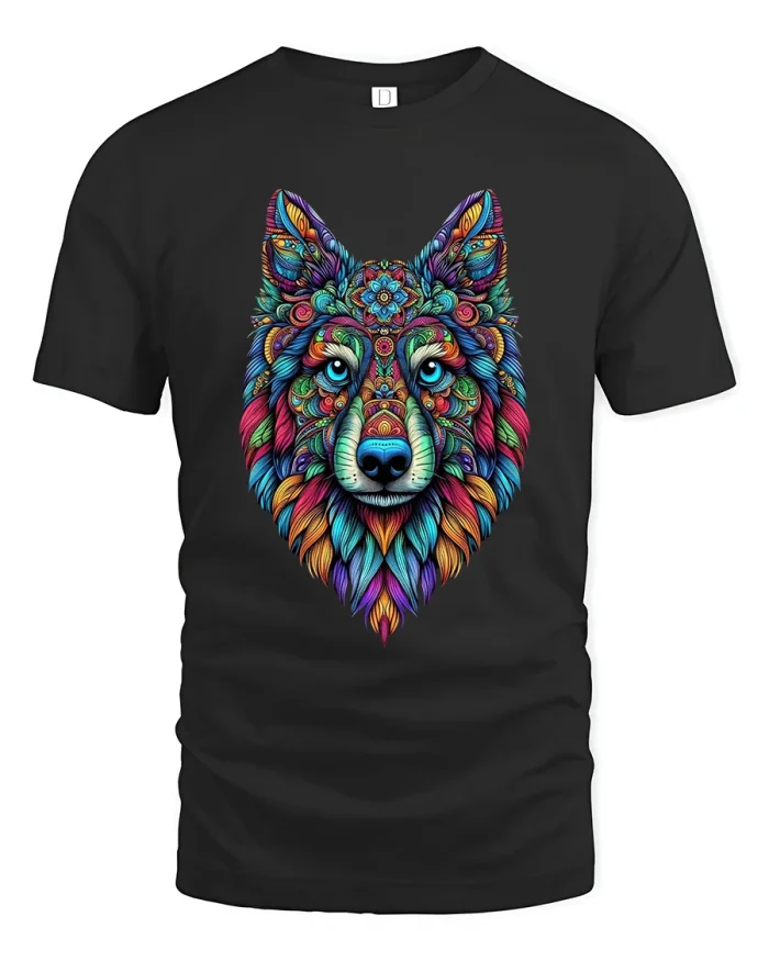 Colorful Tribal Wolf Face Art T Shirt Bold Psychedelic Style - black t-shirt on white background