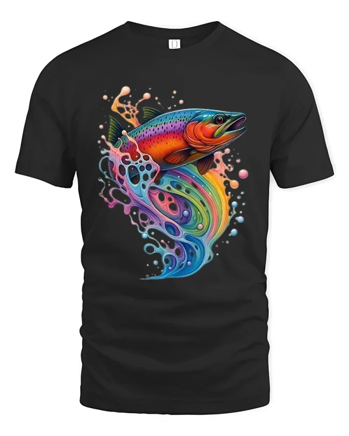 Colorful Splashing Fish Art T Shirt Vibrant Psychedelic Design - black t-shirt on white background