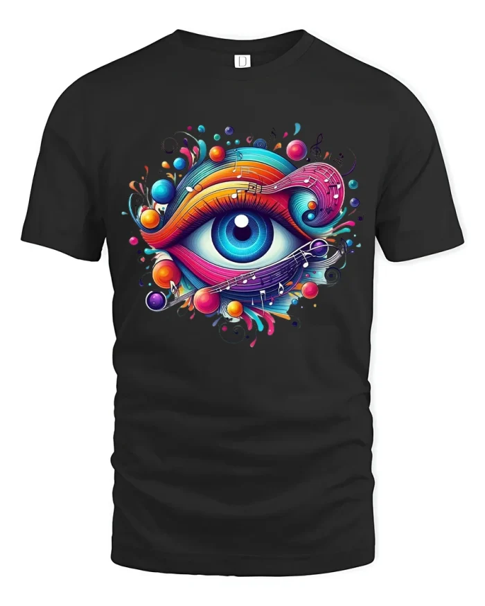 Colorful Musical Eye Art T Shirt Psychedelic Vision Design - black t-shirt on white background