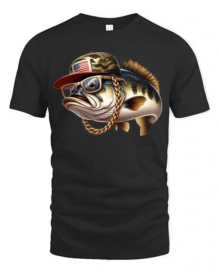Funny Street Style Bass Fish Tee With Hat Glasses And Gold Chain - black t-shirt on white background