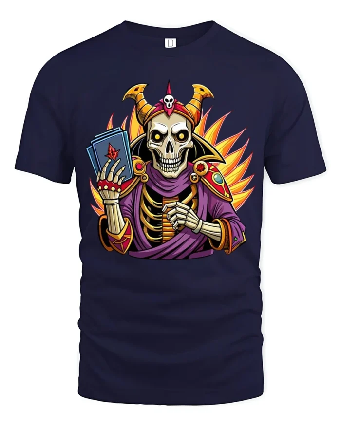 Dark Fantasy Skeleton Sorcerer Tee With Magic Cards And Flames - navy t-shirt on white background