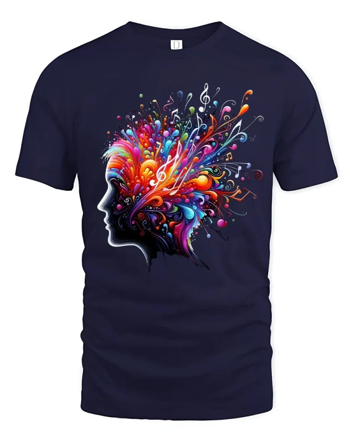 Colorful Music Mind Art Tee Creative Sound And Thought Design - navy t-shirt on white background
