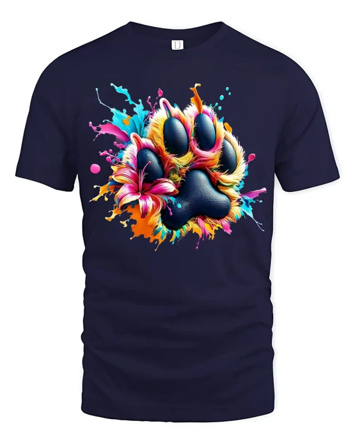 Colorful Paw Print Art Tee Vibrant Paint Splash Animal Design - navy t-shirt on white background