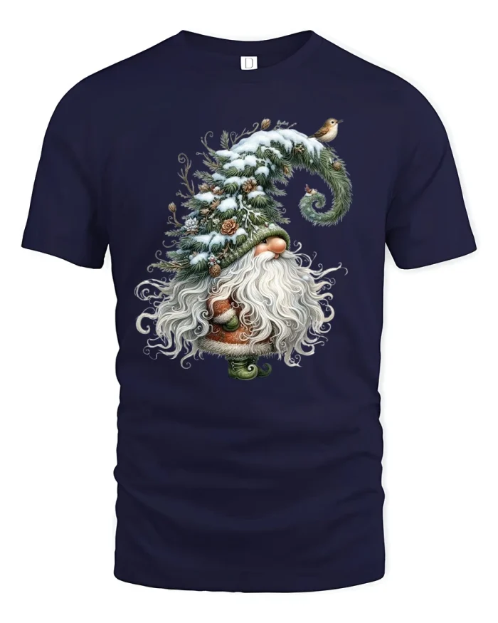 Winter Forest Gnome Art Tee Whimsical Snowy Nature Illustration - navy t-shirt on white background