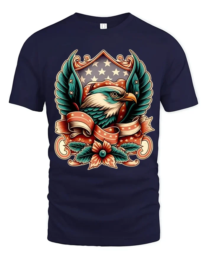Patriotic Eagle Crest Graphic Tee American Vintage Shield Art - navy t-shirt on white background