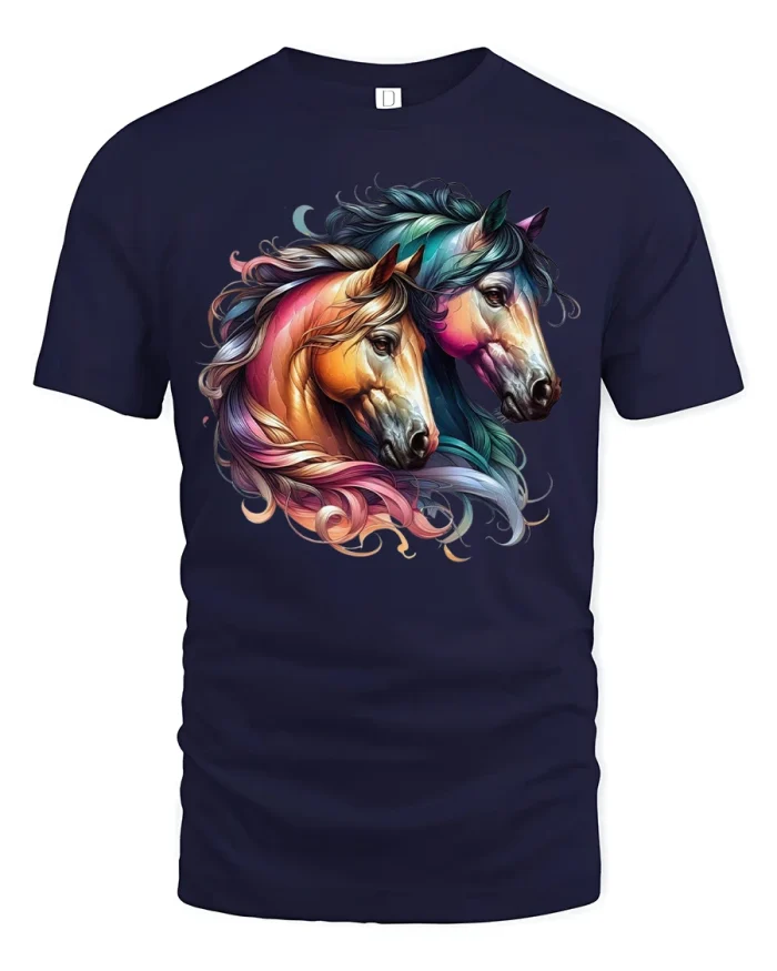 Colorful Twin Horses Graphic Tee Fantasy Art Elegant Style - navy t-shirt on white background
