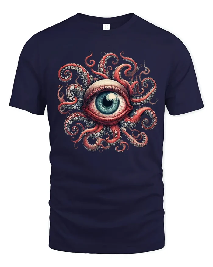Surreal Octopus Eye Graphic Tee Dark Fantasy Art Style - navy t-shirt on white background