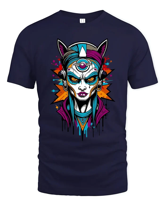 Cyberpunk Mystic Warrior Graphic Tee Bold Futuristic Art - navy t-shirt on white background