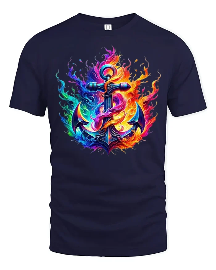 Flaming Anchor Graphic Tee Colorful Fire And Ocean Art - navy t-shirt on white background