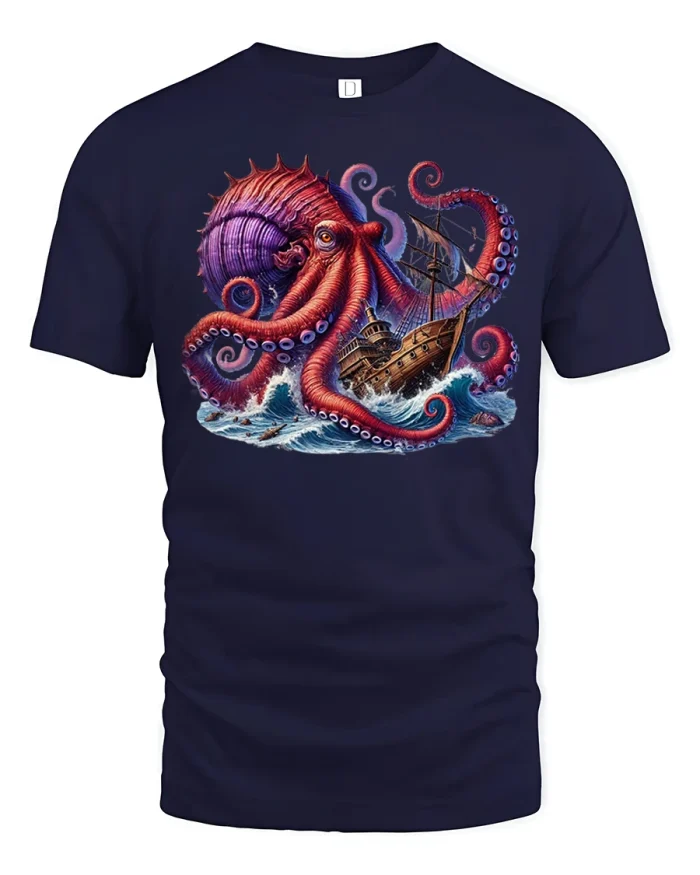 Giant Kraken Attack Graphic Tee Epic Sea Monster Artwork - navy t-shirt on white background