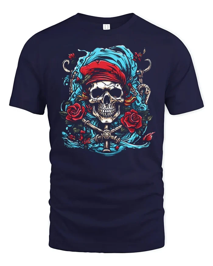 Pirate Skull Roses Anchor Graphic Tee Dark Nautical Art - navy t-shirt on white background