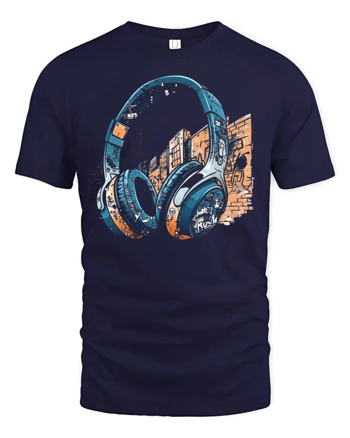 Urban Headphones Street Art Graphic Tee Music Lover Style - navy t-shirt on white background